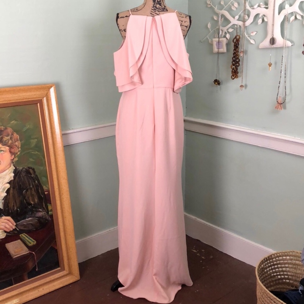 Blush Gown With Open Shoulder Flutter Sleeve - image 3